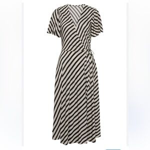 VENUS Black and Cream Striped Wrap Midi Dress